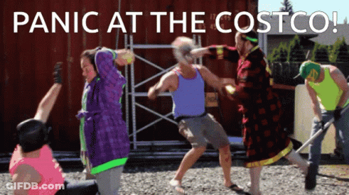 A Group Of People Are Fighting With The Words Panic At The Costco Written Above Them GIF