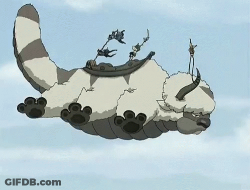 A Group Of People Are Flying On The Back Of A Flying Sheep . GIF