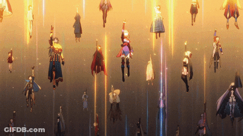 A Group Of People Are Flying Through The Air With Glowing Lights Behind Them GIF