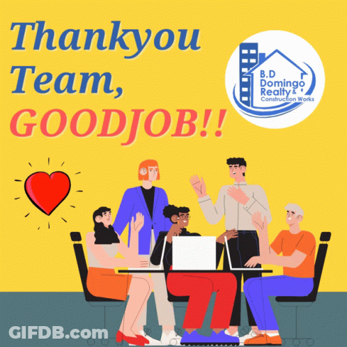 A Group Of People Are Gathered Around A Table With The Words Thank You Team Goodjob GIF