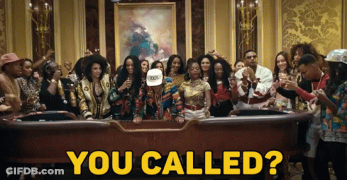 A Group Of People Are Gathered Around A Table With The Words " You Called " On The Bottom GIF