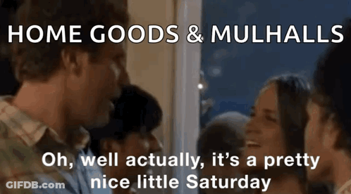 A Group Of People Are Gathered In A Room With The Words Home Goods & Mulhalls On The Bottom GIF