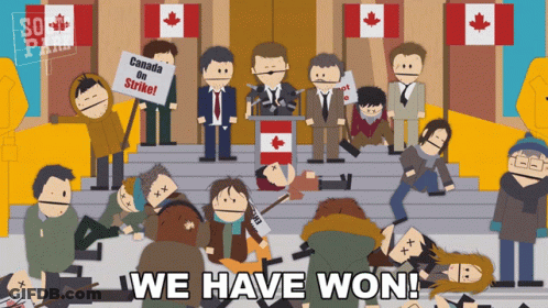 A Group Of People Are Gathered In Front Of A Building With A Sign That Says Canada On Strike GIF