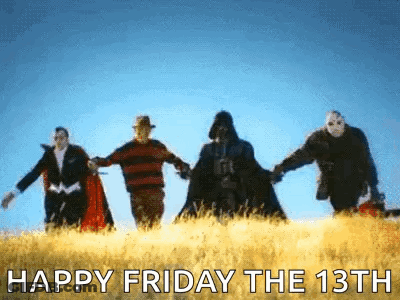 A Group Of People Are Holding Hands In A Field With The Words Happy Friday The 13Th Written On The Bottom GIF