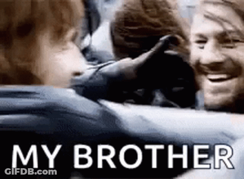 A Group Of People Are Hugging Each Other And The Words `` My Brother '' Are On The Bottom Of The Picture . GIF