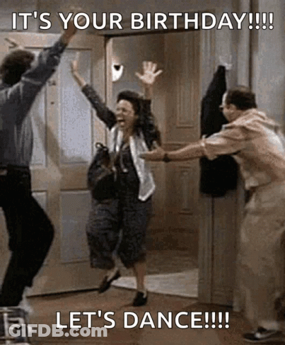 A Group Of People Are Jumping In The Air With The Caption It 'S Your Birthday !!! Let 'S Dance !!! GIF