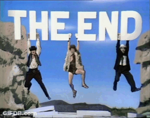 A Group Of People Are Jumping In The Air With The Words The End Behind Them GIF