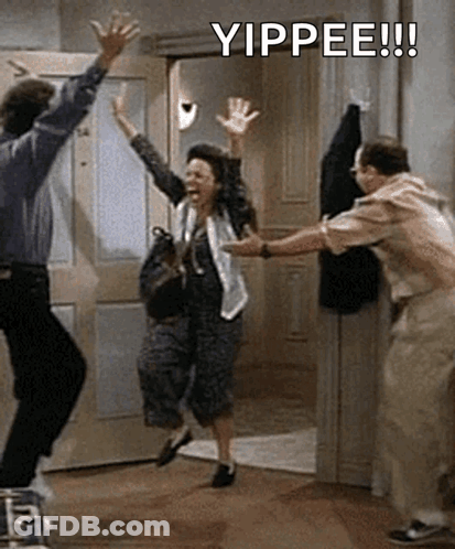 A Group Of People Are Jumping In The Air With The Words Yippee In The Corner . GIF