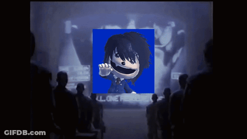 A Group Of People Are Looking At A Screen With A Picture Of A Cartoon Character And The Words All One Freedom On It GIF