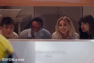 A Group Of People Are Looking Out Of A Window And One Of Them Says Oh This Is The Bad Place GIF