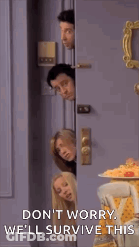 A Group Of People Are Peeking Out Of A Door With A Plate Of Food . GIF