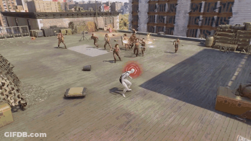 A Group Of People Are Playing A Video Game On A Roof Top GIF