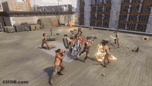 A Group Of People Are Playing A Video Game On A Rooftop With A Building In The Background GIF