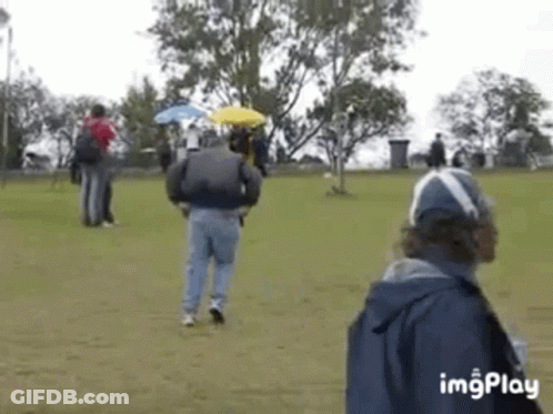 A Group Of People Are Playing Frisbee In A Park With A Man Standing In The Foreground . GIF