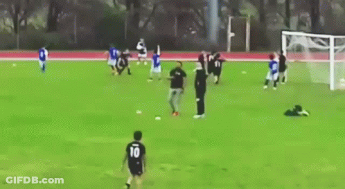A Group Of People Are Playing Soccer On A Field With A Goal . GIF
