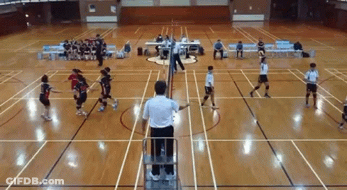 A Group Of People Are Playing Volleyball On A Court While A Referee Watches . GIF
