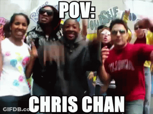 A Group Of People Are Posing For A Picture And The Caption Says Pov Chris Chan GIF