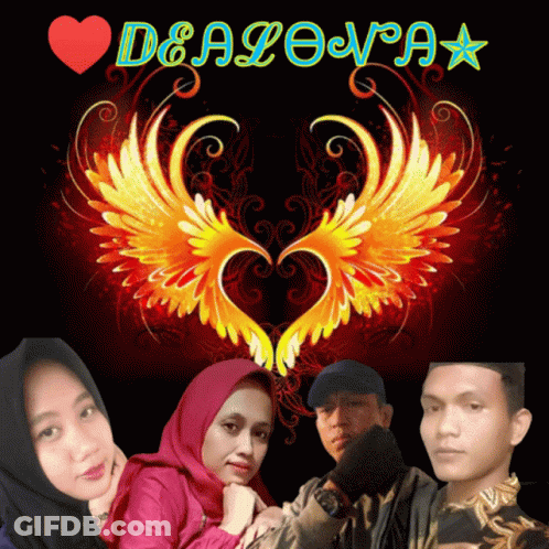 A Group Of People Are Posing In Front Of A Heart With Wings And The Words Dealova GIF