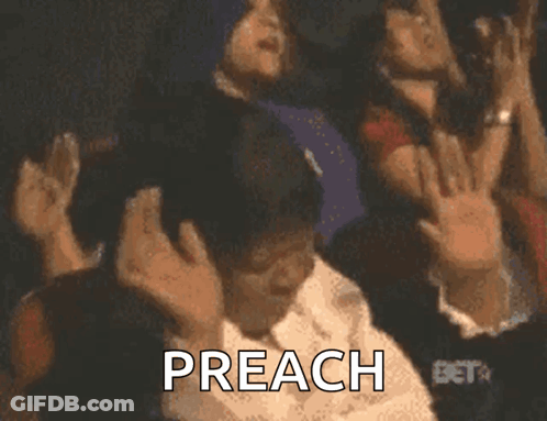 A Group Of People Are Raising Their Hands In The Air And The Word Preach Is On The Screen GIF