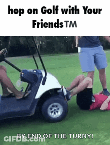 A Group Of People Are Riding A Golf Cart On A Golf Course . GIF