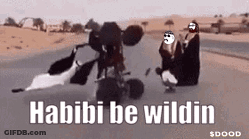 A Group Of People Are Riding A Motorcycle In The Desert And They Are Talking About Habibi Be Wildin . GIF