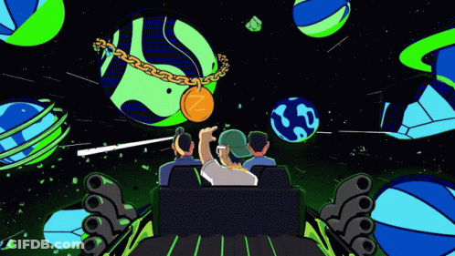 A Group Of People Are Riding A Roller Coaster With A Planet In The Background GIF
