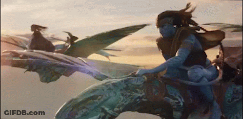 A Group Of People Are Riding On The Backs Of Flying Animals In The Sky . GIF