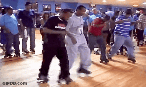 A Group Of People Are Rollerblading And One Of Them Is Wearing A Shirt That Says Infance On It GIF