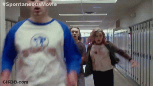 A Group Of People Are Running Down A Hallway With The Words Spontaneous Movie Written On The Bottom GIF