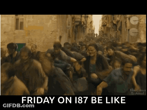 A Group Of People Are Running Down A Street With The Words Friday On 187 Be Like Below Them GIF