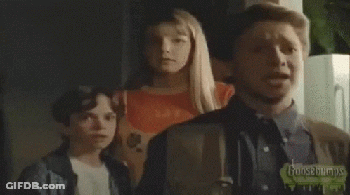A Group Of People Are Running In A Living Room With Goosebumps Written On The Bottom Of The Screen GIF