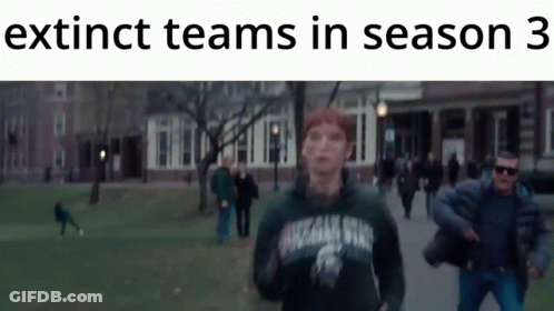 A Group Of People Are Running In A Park With The Words Extinct Teams In Season 3 GIF