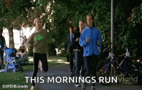 A Group Of People Are Running In A Park With The Words This Mornings Run Written On The Bottom GIF