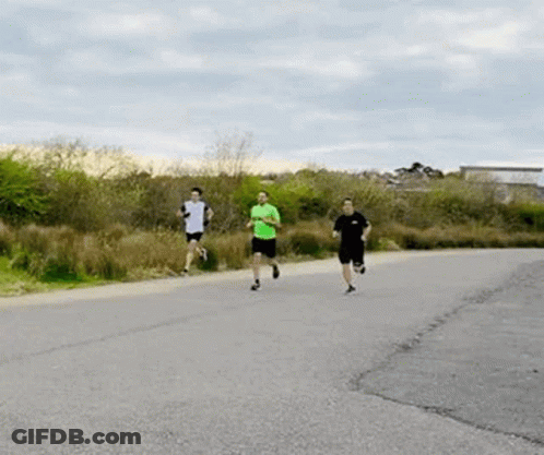 A Group Of People Are Running On A Road . GIF
