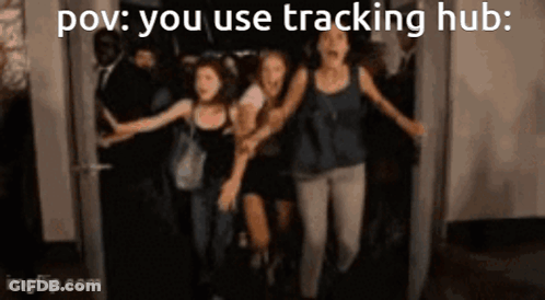 A Group Of People Are Running Through A Doorway With The Words POV You Use Tracking Hub GIF