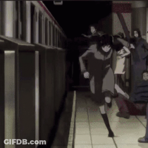 A Group Of People Are Running Towards A Subway Car GIF