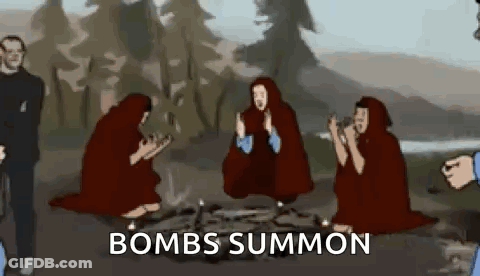 A Group Of People Are Sitting Around A Campfire With The Words `` Bombs Summon '' Written Above Them . GIF