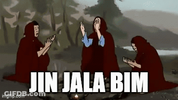 A Group Of People Are Sitting Around A Fire With The Words Jin Jala Bim Written On The Bottom GIF