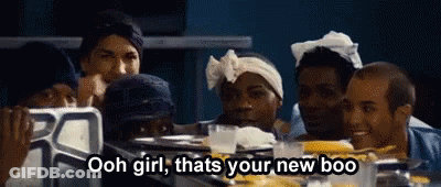 A Group Of People Are Sitting Around A Table And One Of Them Is Saying " Ooh Girl Thats Your New Boo " GIF