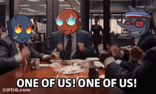A Group Of People Are Sitting Around A Table With One Of Them Saying One Of Us GIF