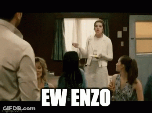 A Group Of People Are Sitting Around A Table With The Words Ew Enzo Written On The Screen GIF