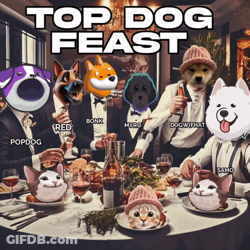 A Group Of People Are Sitting Around A Table With Their Heads On Dogs And Cats With The Words Top Dog Feast Above Them GIF