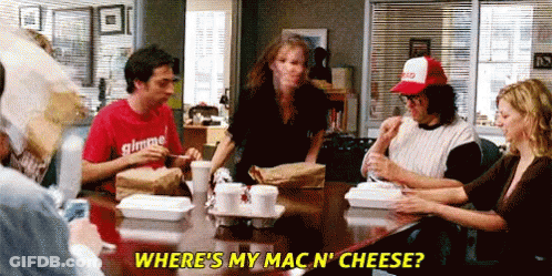 A Group Of People Are Sitting At A Table Eating Food And One Of Them Is Asking Where 'S My Mac N Cheese ? GIF
