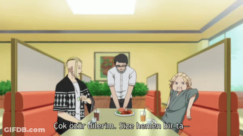 A Group Of People Are Sitting At A Table With A Plate Of Food And The Words Çok Ozur Dilerim GIF