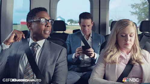 A Group Of People Are Sitting In A Car With The Nbc Logo On The Bottom Right GIF