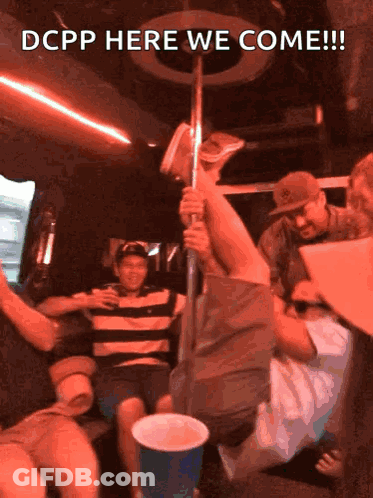 A Group Of People Are Sitting In A Car With The Words Dcpp Here We Come GIF