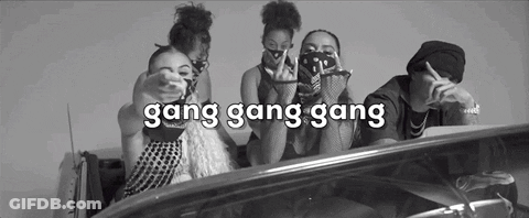 A Group Of People Are Sitting In A Car With The Words Gang Gang Gang On The Bottom . GIF