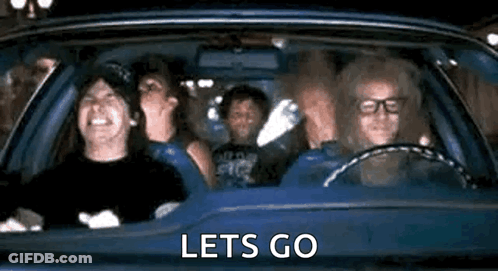 A Group Of People Are Sitting In A Car With The Words `` Let 'S Go '' Written On It . GIF