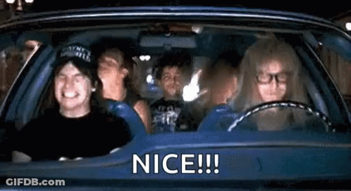 A Group Of People Are Sitting In A Car With The Words `` Nice ! '' Written On The Side . GIF