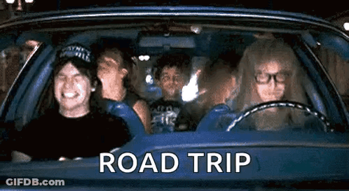 A Group Of People Are Sitting In A Car With The Words `` Road Trip '' On The Back . GIF